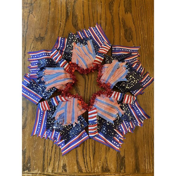 Patriotic Stars & Stripes Wreath With Red Tinsel Accents - Picture 1 of 4